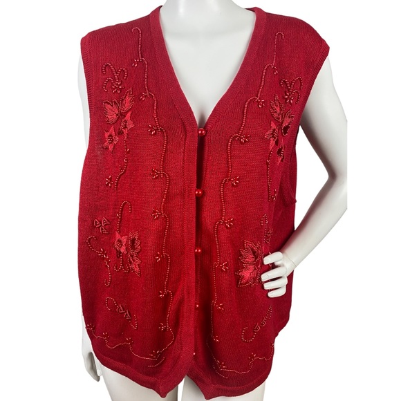 Vintage Requirements Red Knit Ugly Christmas Vest Beaded Embroider Women’s Sz 1X - Picture 3 of 13